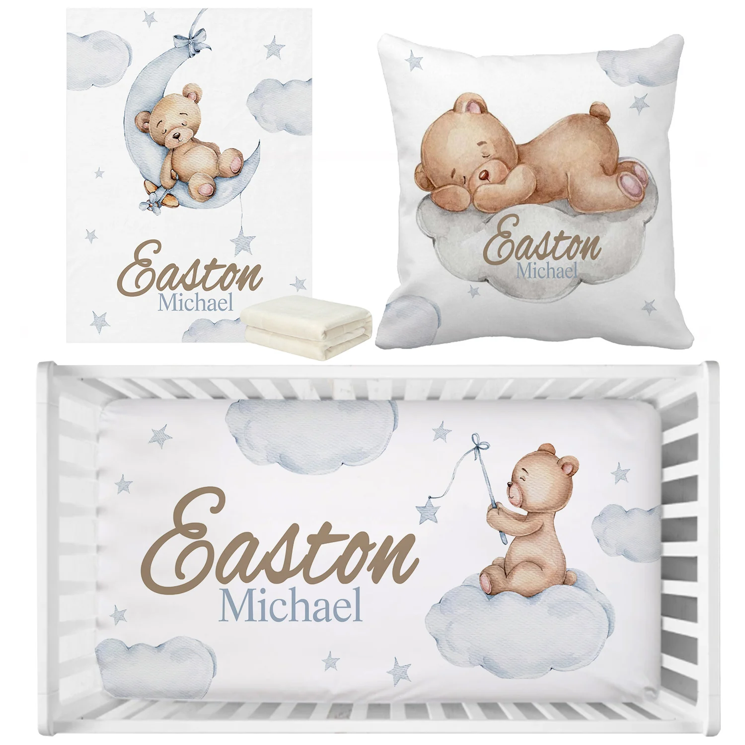LVYZIHO Juego de cama de oso con nombre personalizado, manta para bebé, sábana para cuna de bebé, almohada para bebé