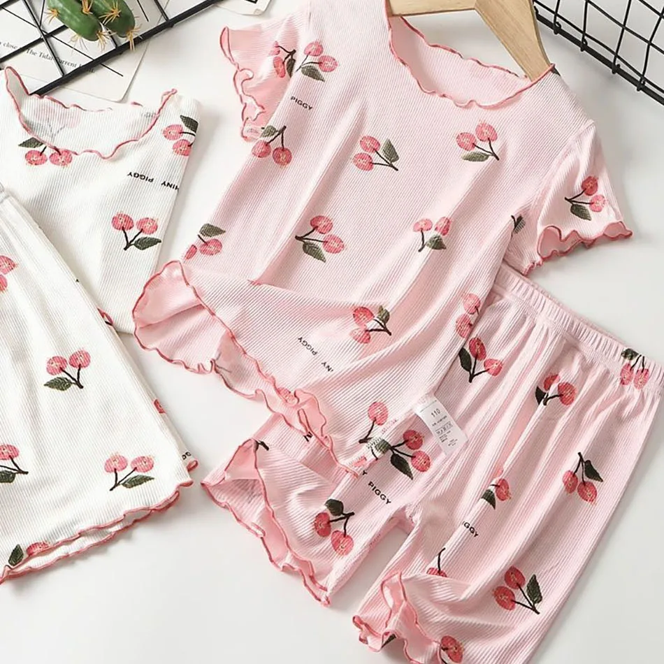 Conjunto de pijama de verano para niñas con estampado de flores de cerezo, pantalones cortos y camiseta elásticos de 4 direcciones, mezcla de Modal transpirable para antes de dormir y jugar de 1 a 8 años