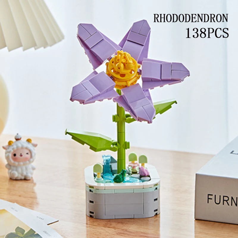 Bloques de construcción de plantas en maceta para niños, ramo de Azalea de melocotón, adornos creativos de decoración de escritorio, Juguetes DIY, regalos de vacaciones - imagen 4