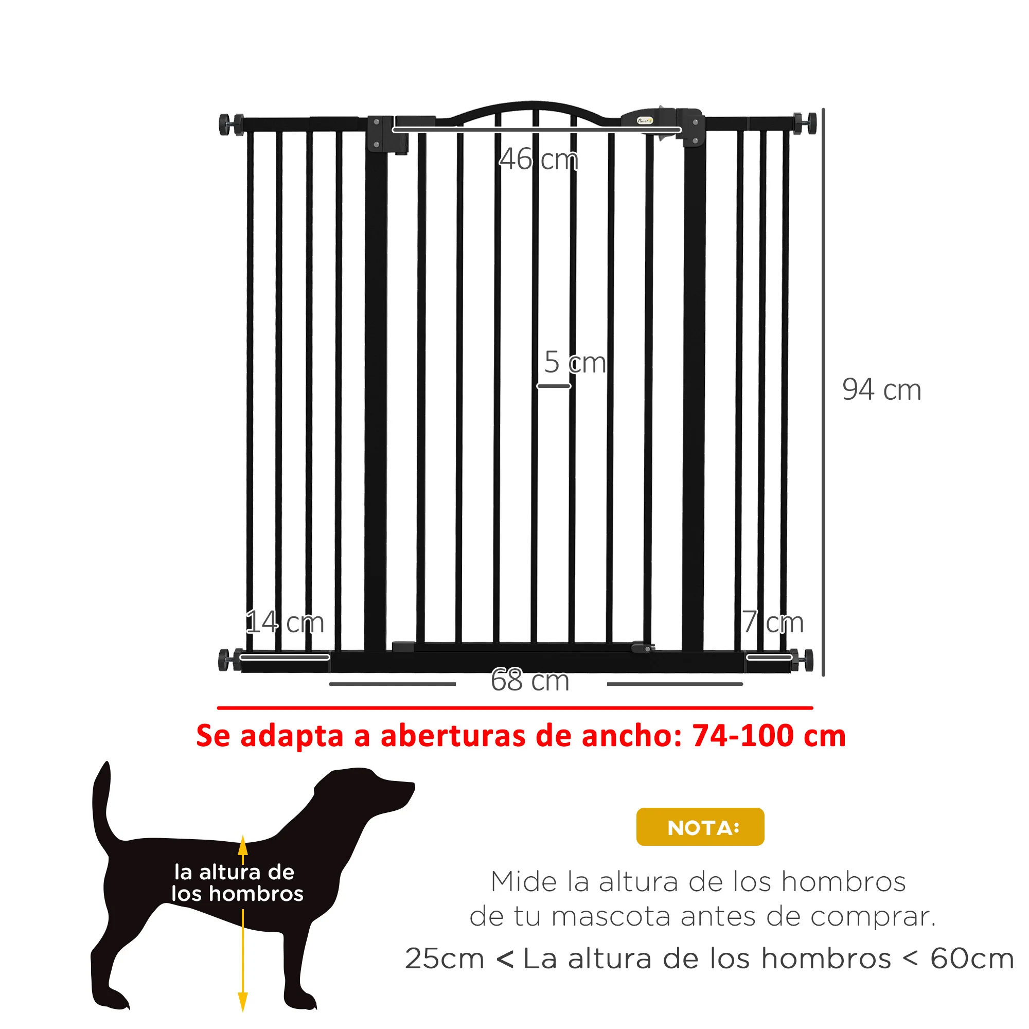 PawHut Barrera para Perros Puerta para Perros 74-100 cm Barrera de Seguridad para Perros con 2 Extensiones 7/14 cm para Escaleras y Puertas Negro - imagen 3