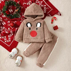 Conjunto de Navidad 2 uds., Top manga larga con capucha felpa patrón dibujos animados + Pantalones cálidos, trajes Festival Otoño/Invierno para bebé 1 a 3 años
