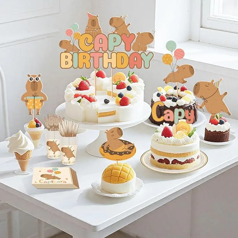 Decoración de fiesta de cumpleaños de capibara, vajilla, platos de fondo, tazas, sorpresas de cumpleaños de capibara, suministros de globos para niñas, favores - imagen 3