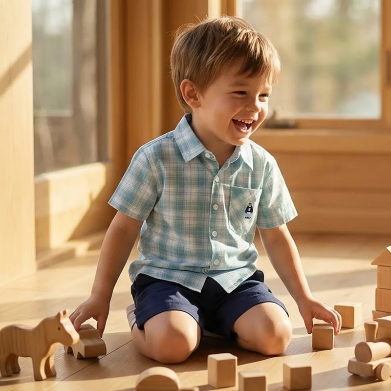 MILANCEL conjunto de verano para niños con camisa de cuadros y shorts - imagen 3