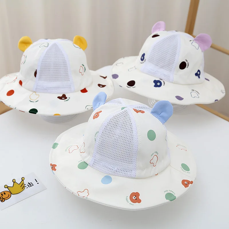 Sombreros de cubo de malla de puntos de oso para niños, novedad de verano, sombrero para el sol, sombrero de pesca para niños, visera parasol, gorra de playa de dibujos animados al aire libre para niños y niñas