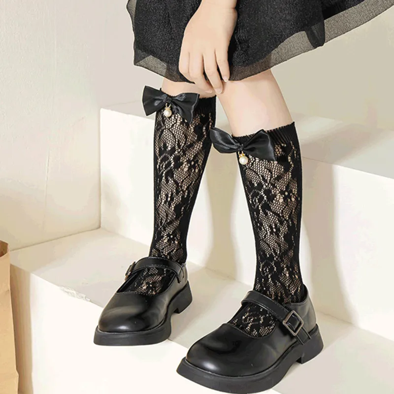 1 par de medias bonitas de encaje de malla con lazo para niñas, calcetines finos hasta la rodilla de verano para niñas Lolita - imagen 4