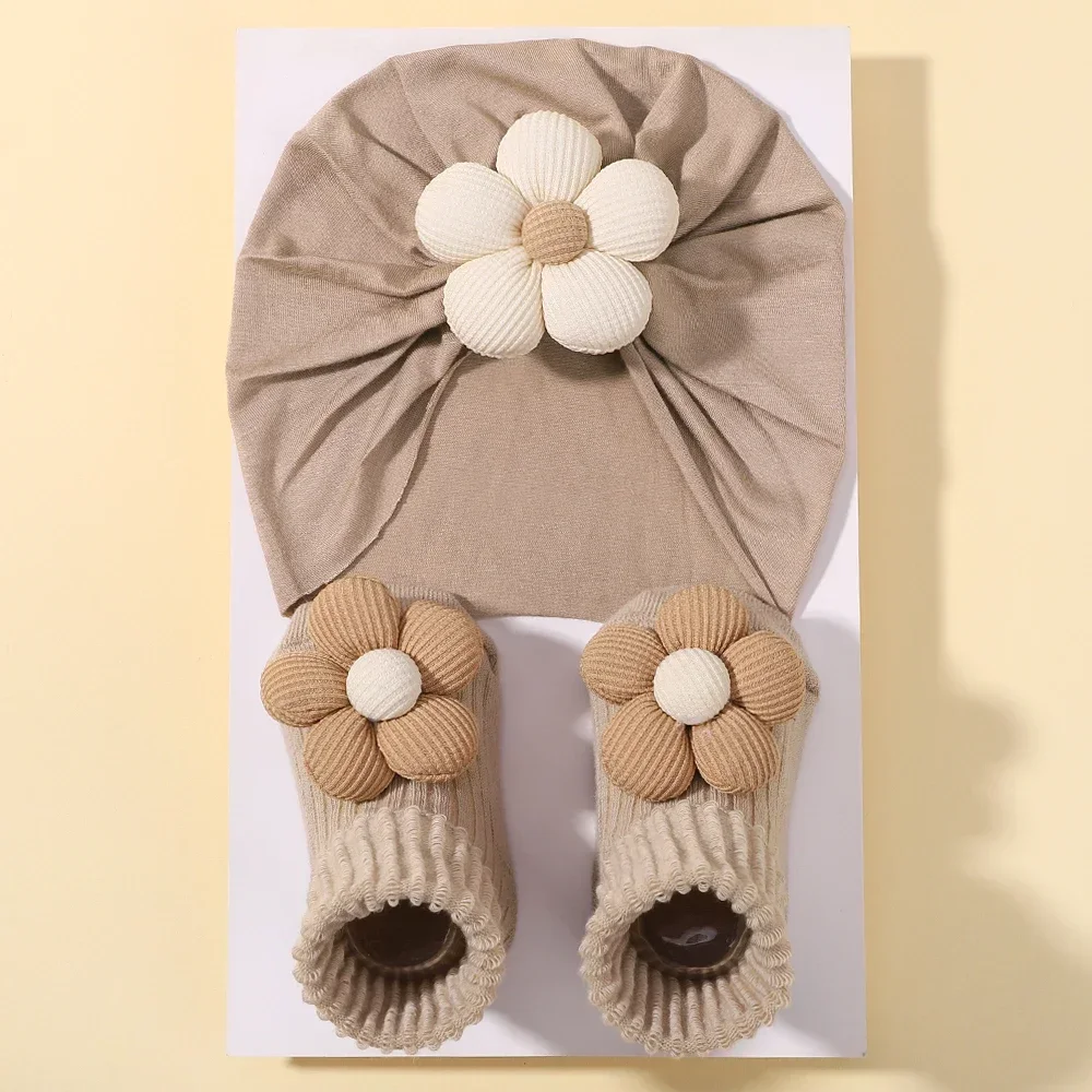Ensemble de chaussettes de sauna à fleurs pour bébé fille, bandeau épais et doux pour nouveau-né, turban floral élastique, chaussettes courtes, vêtements de sauna pour bébé, 2 pièces - imagen 4