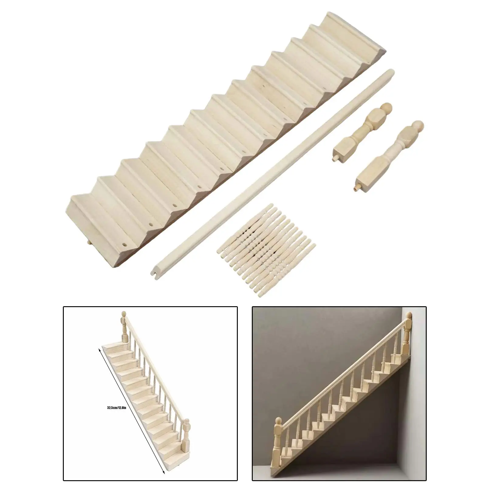Dollhouse Furniture Wooden Miniature Staircase Kit Unpainted Handrail for Sand Table Model Train Fairy Garden Decor
