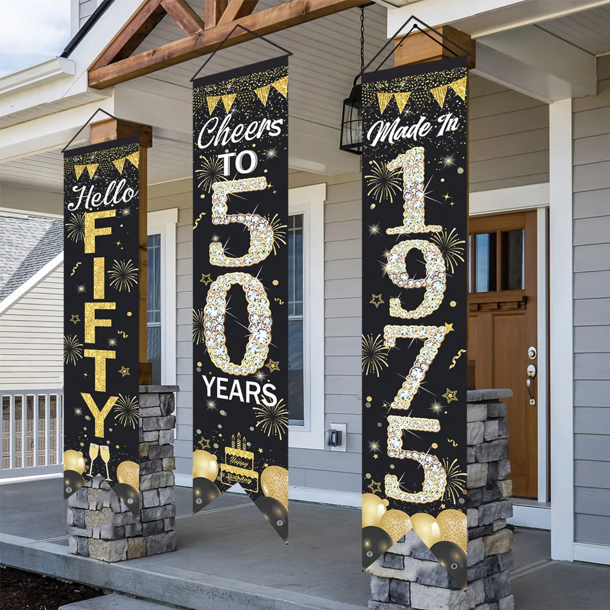 3 uds. De coplas de 50 cumpleaños de oro negro para hombre y mujer, decoración para fiesta de cumpleaños de 1975, 50 años, pancarta para puerta, suministros para fiesta de oro negro - imagen 4