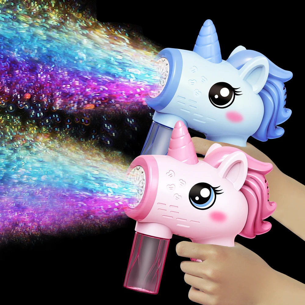 2025 Pistola de burbujas para niños, juguete Unicorn, máquina de burbujas completamente automática, pistola de burbujas, juego al aire libre, juguete de fantasía para niños y niñas, regalos