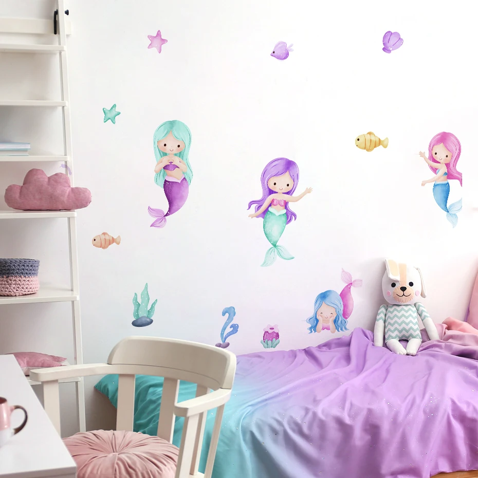 Pegatinas de pared acuarela con sirena y mar para habitación infantil