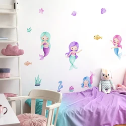 Pegatinas de pared acuarela con sirena y mar para habitación infantil