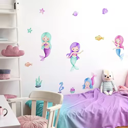 Pegatinas de pared acuarela con sirena y mar para habitación infantil