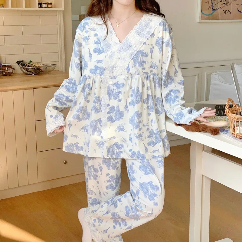 Pijamas de maternidad con diseño de cuello en V para amamantar, ropa de dormir de Otoño Invierno para mujeres embarazadas, ropa de embarazo, lactancia posparto