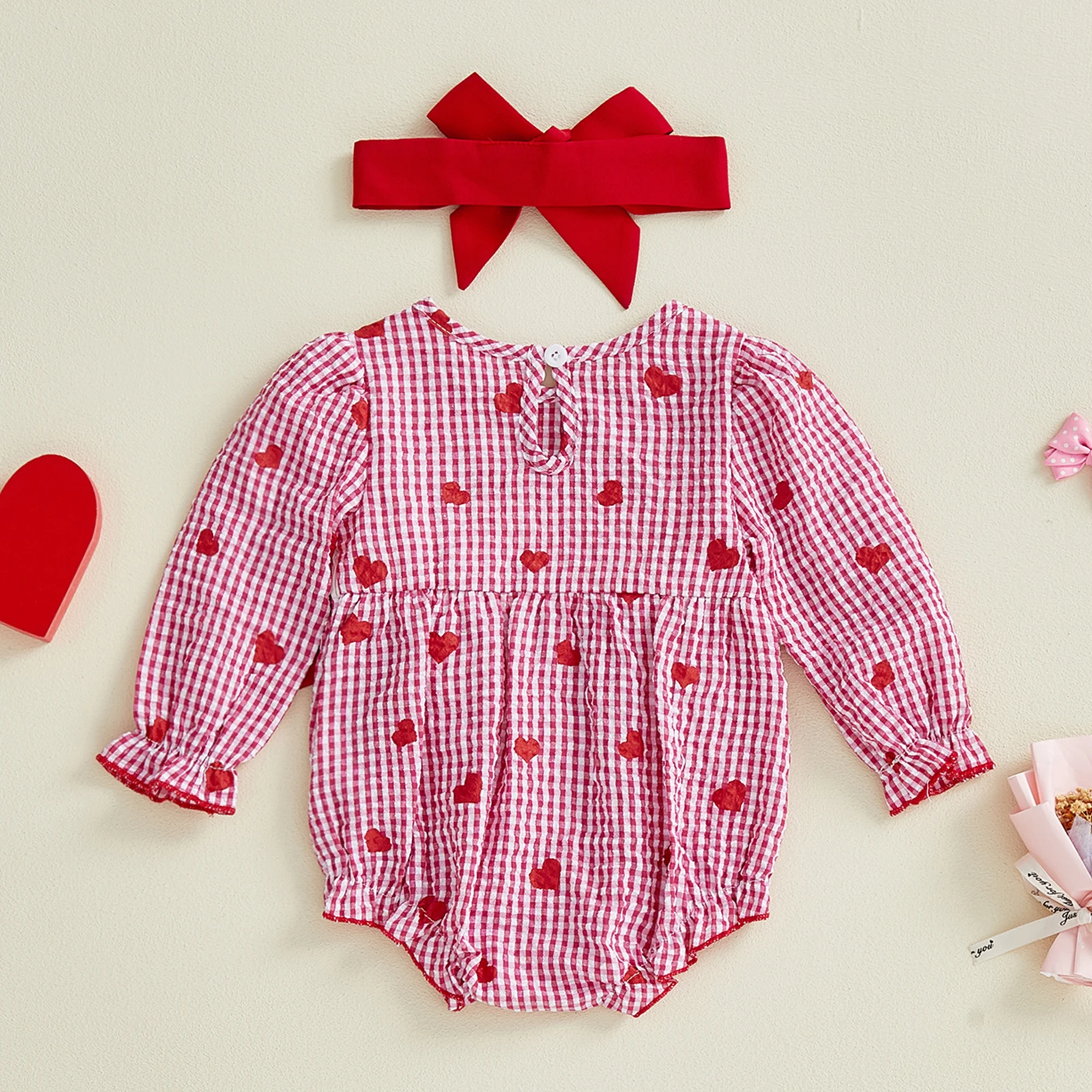 SUNSIOM Conjunto de mameluco con bordado de corazón de manga larga para el día de San Valentín para niña con diadema, ropa para recién nacido - imagen 5