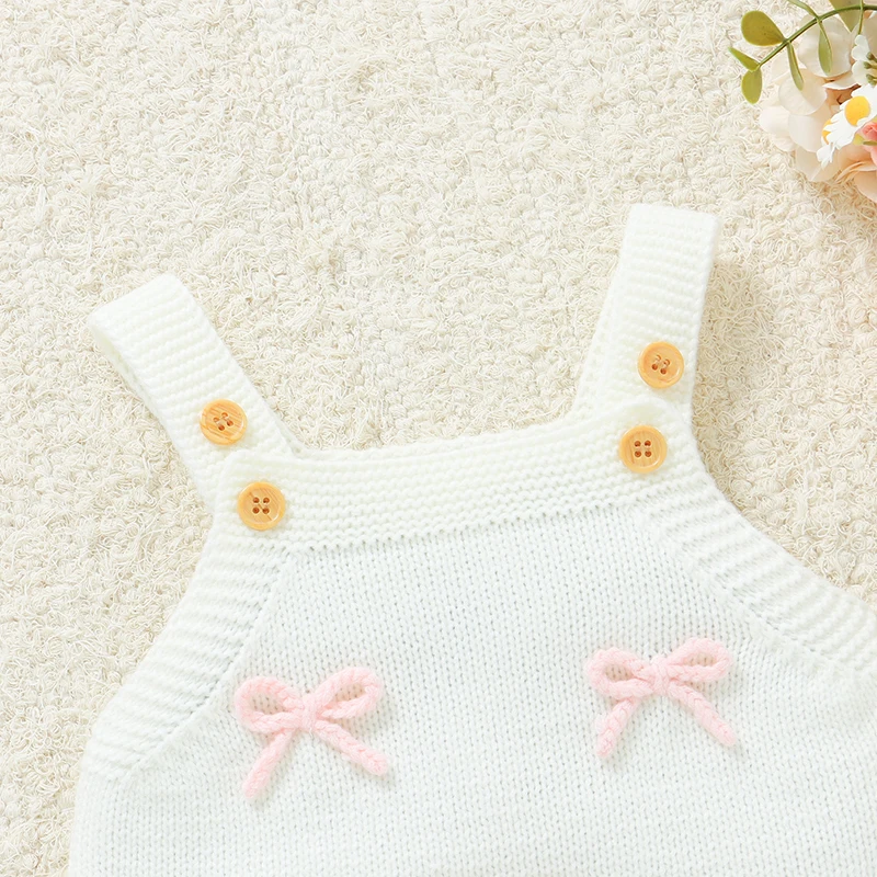 Lindo bebé niñas Correa Bodyusits ropa 0-18m Rosa Bowknot tejido recién nacido Infantil sin mangas Onesie una pieza trajes para niños pequeños - imagen 3