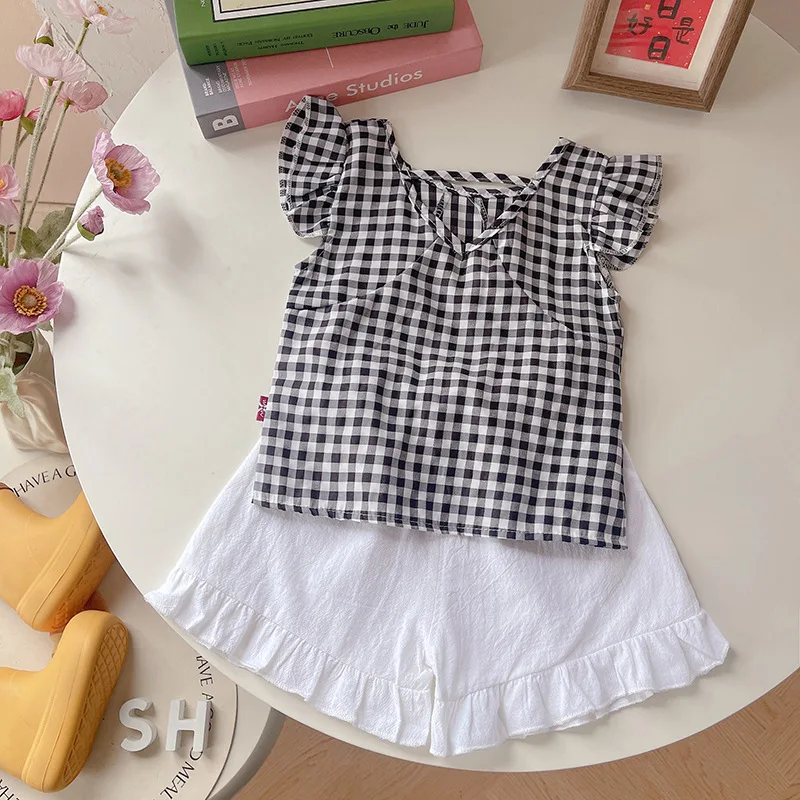 Nueva ropa de verano para niñas, traje para niños, chaleco a cuadros, pantalones cortos, 2 unids/set, ropa para niños, disfraz informal infantil, chándales para niños pequeños - imagen 5