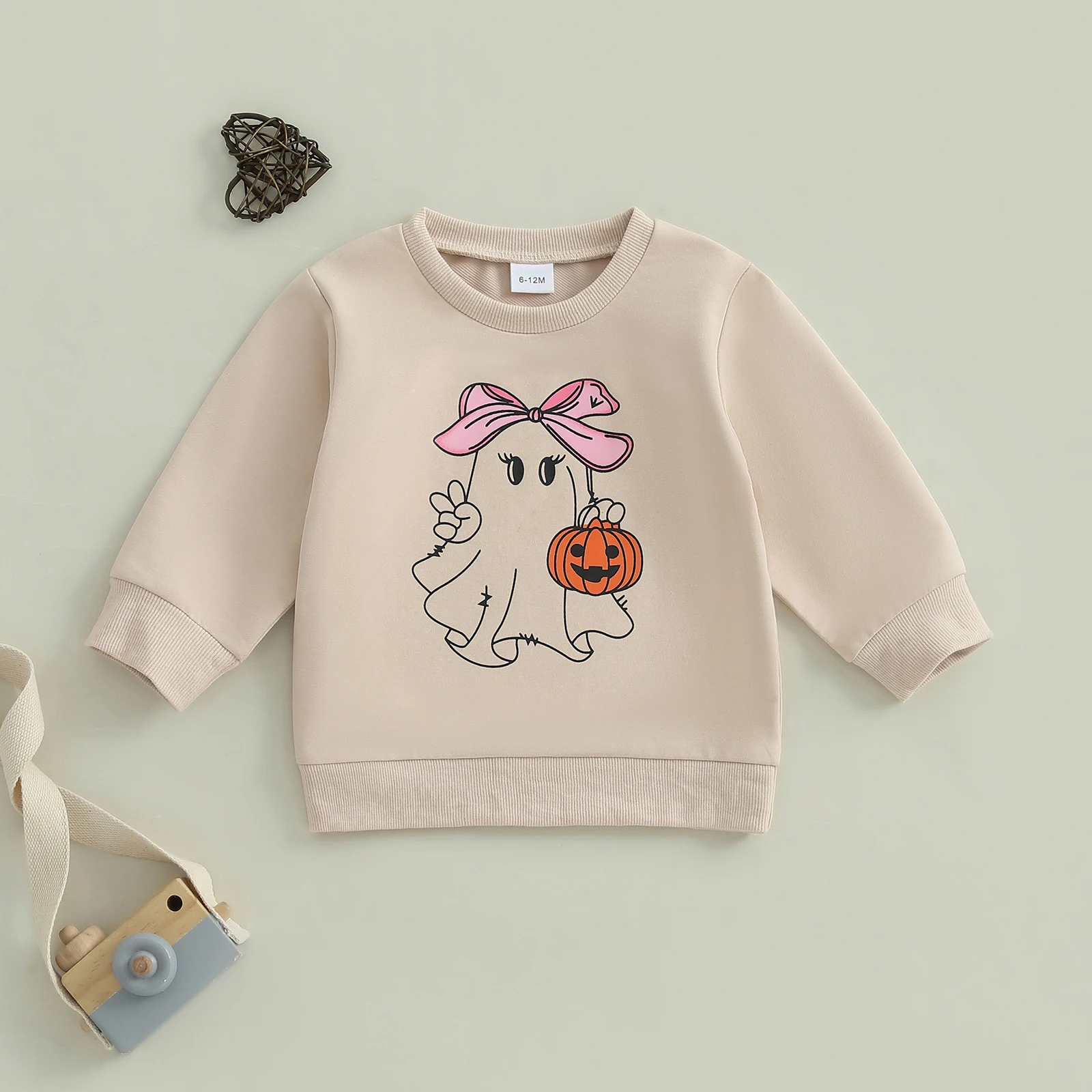 Sudadera de Halloween para niñas pequeñas con estampado de calabaza fantasma, elegante, holgada, informal, con cuello redondo, manga larga - imagen 3
