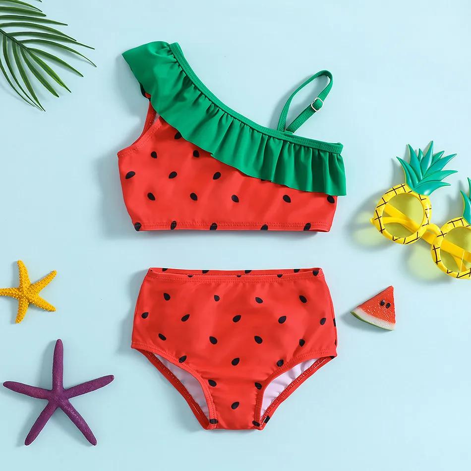 Conjunto de Bikini para la playa para niños, bonito traje de baño con temática de fruta, sandía y piña, Top Halter para niños con parte inferior a juego