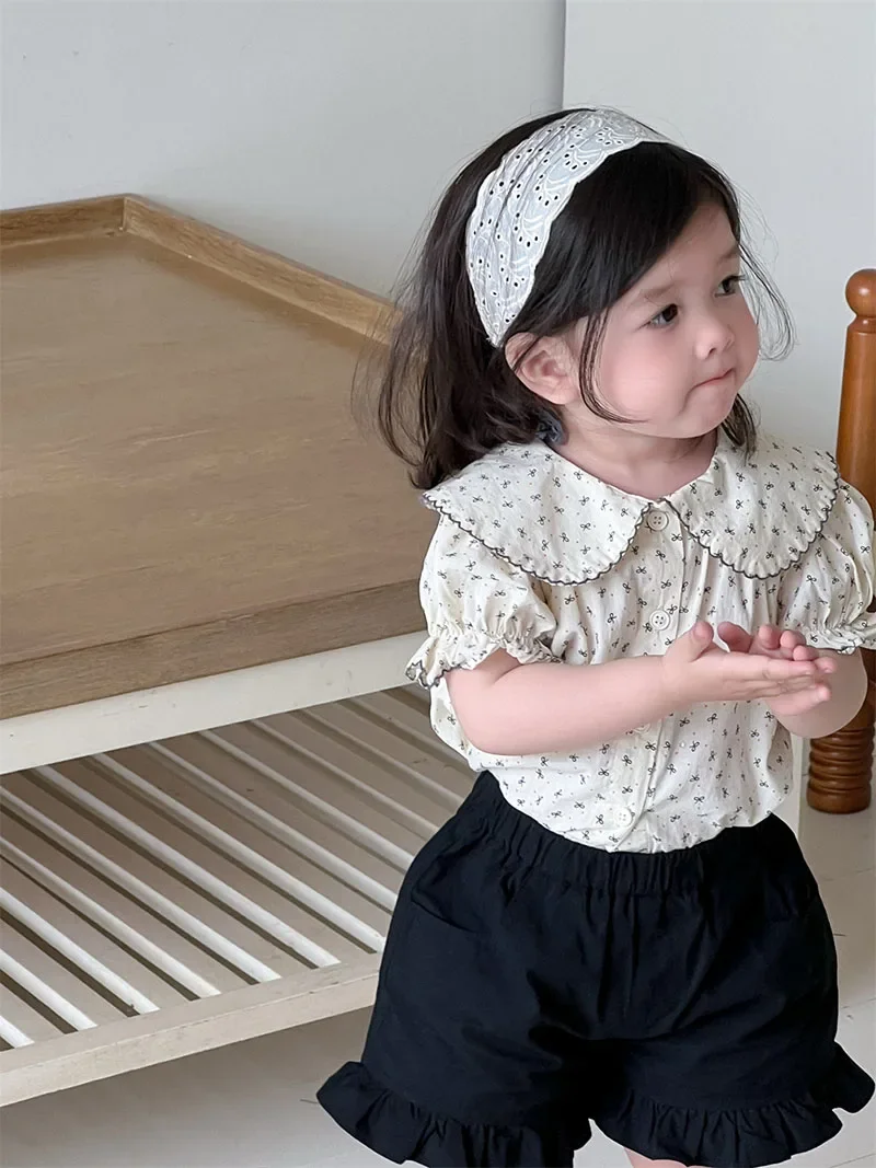 MILANCEL, nueva camisa con lazo de verano para niñas, 9M-3T, blusa fina bonita con cuello de muñeca para bebés, pantalones cortos holgados versión coreana para niños pequeños - imagen 2