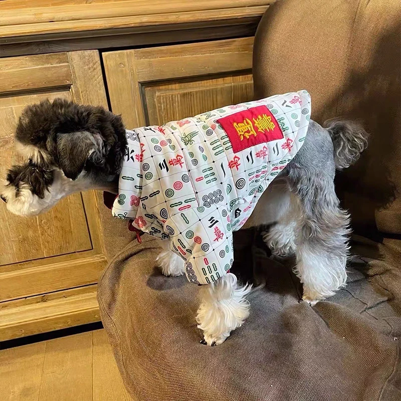 Ropa de invierno con estampado de Mahjong chino para Bulldog Francés, monos de algodón puro para mascotas, chaqueta para cachorros pequeños de buena suerte - imagen 4
