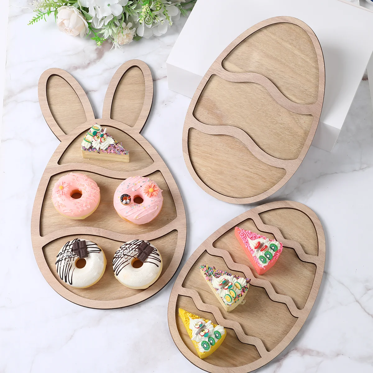 Bandeja de madera para huevos de conejito de Pascua, plato de comida para servir frutas, exhibición de pan, decoración de primavera de madera, decoración de pasteles para niños, suministros de Pascua