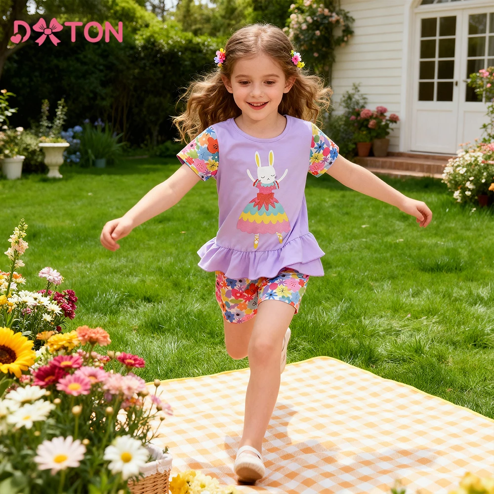 DXTON conjunto verano niño: top y shorts estampado conejos y flores - imagen 3