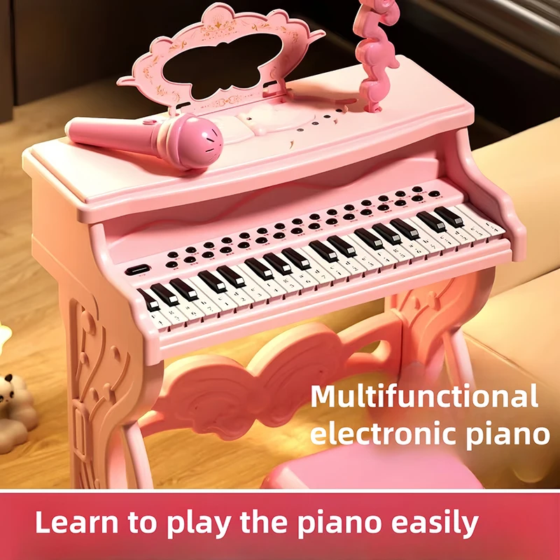 Teclado de Piano Electrónico para niños, juego de instrumentos musicales multifuncionales con micrófono para niños y niñas con silla navideña - imagen 3