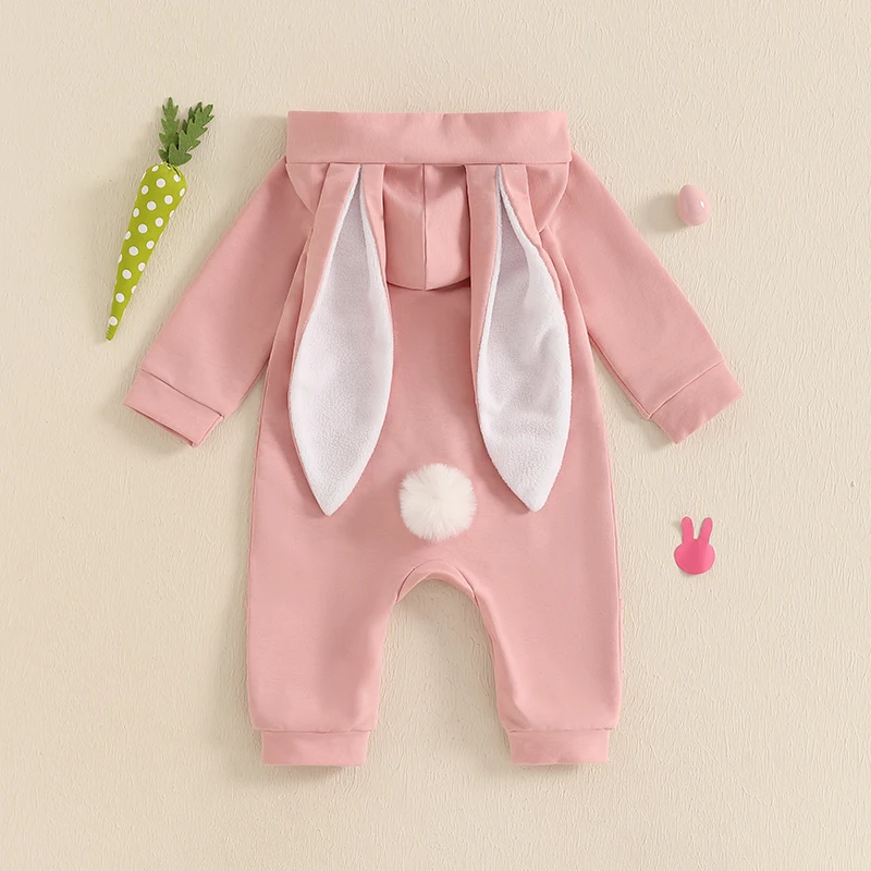 Mameluco con cremallera de Pascua para bebé, mono informal de manga larga con capucha y Orejas de conejo de Color sólido para recién nacido - imagen 3