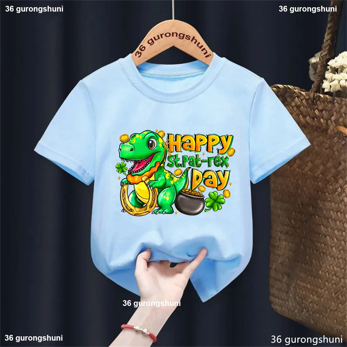 Camiseta con estampado con dibujo de dinosaurio Happy St Patrick'S-Rex Day, ropa Kawaii para niños y niñas, camiseta blanca/rosa/azul/amarilla de verano - imagen 3