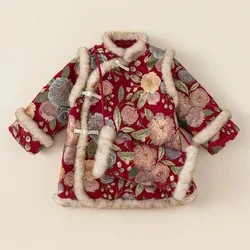 Vestido rojo de invierno para niña – Bordado floral con forro polar