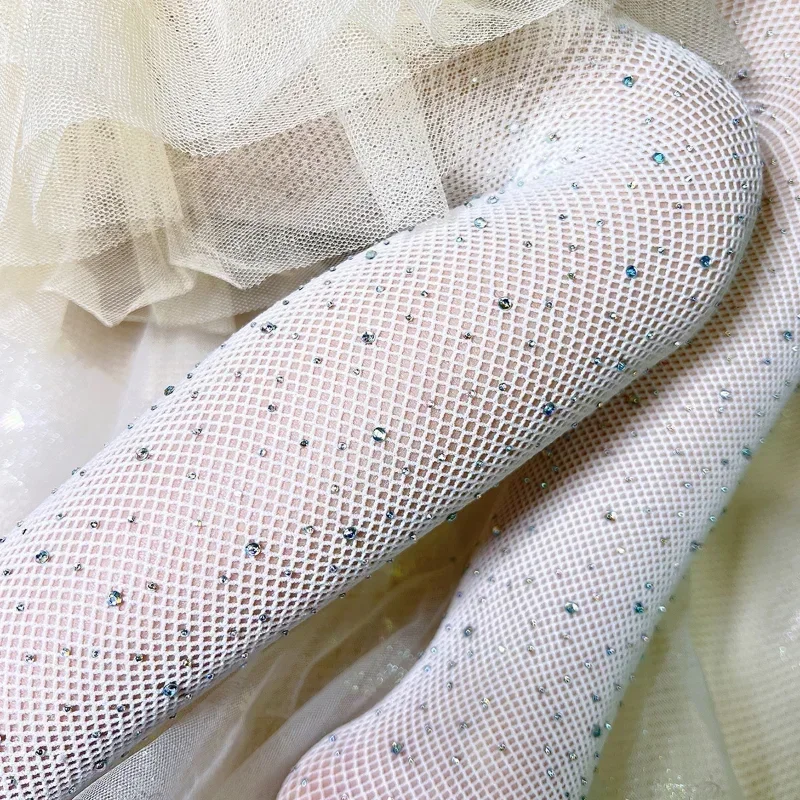 Medias de red a la moda con diamantes de imitación para niñas, pantimedias con purpurina de encaje hueco para niñas, medias de malla de verano para bebés - imagen 4