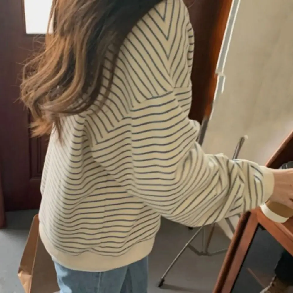 Harajuku Y2k sudaderas holgadas a rayas de manga larga con cuello en V sudaderas con capucha estilo perezoso sudaderas con capucha de gran tamaño para mujer primavera otoño - imagen 4