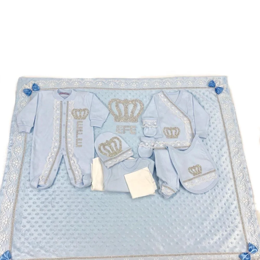 100% tela de algodón tejida de manga larga burbuja de alta calidad moderno recién nacido nuevo diseño azul bebé mameluco conjunto manta de bebé