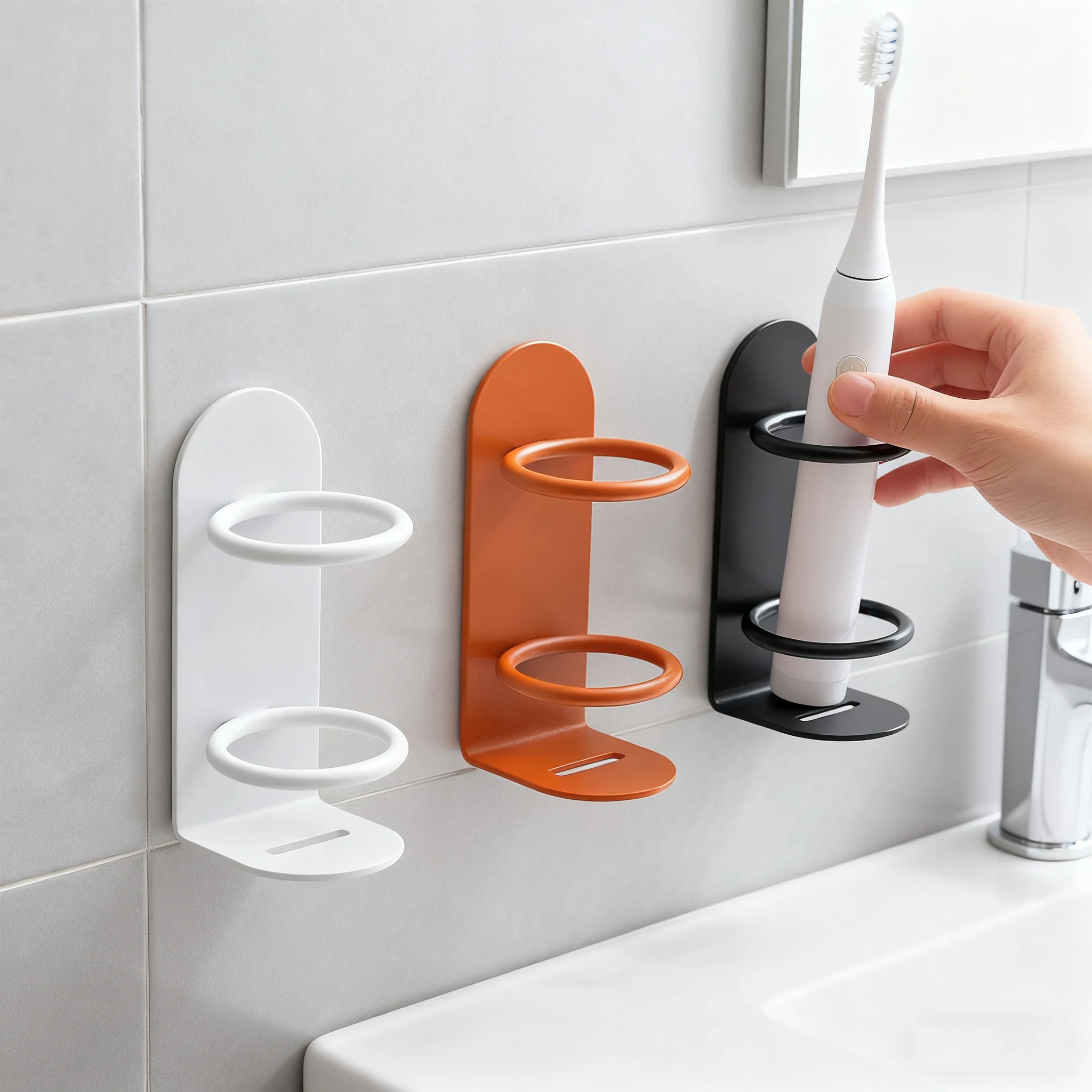 Estante de almacenamiento de cepillos de dientes eléctricos, soporte de pared no perforado para cepillos de dientes, soporte para cepillos de dientes de baño, 1/3/6 Uds. - imagen 4