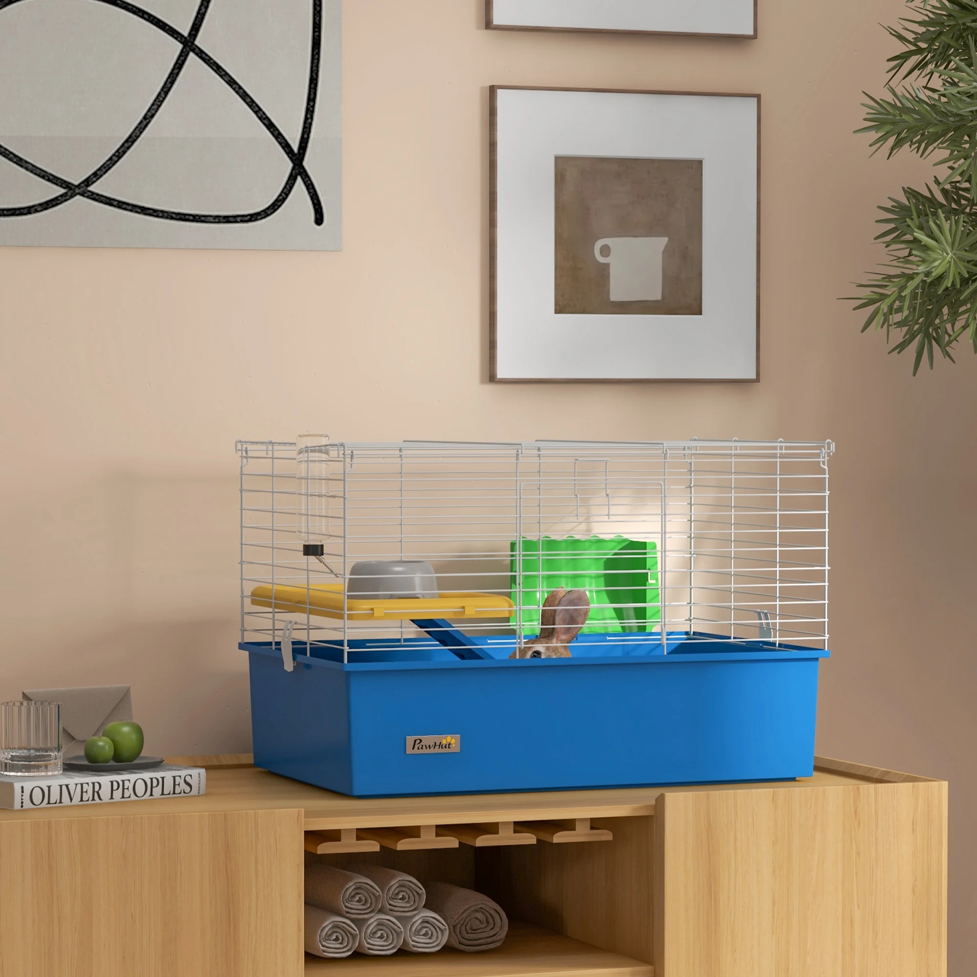 PawHut Jaula para Hurones con Bandeja Inferior Jaula para Animales Pequeños con Plataforma con Rampa Comedero y Bebedero Recinto para Conejos Pequeños Chinchillas Cobayas 71x46x47 cm Blanco y Azul