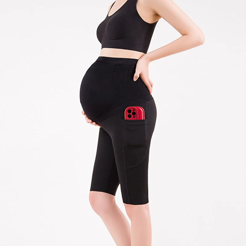 Leggings de maternidad, pantalones de cinco puntos, pantalones cortos de Yoga adelgazantes de cintura alta para mujer embarazada con bolsillos de talla, entrenamiento para ciclistas - imagen 5