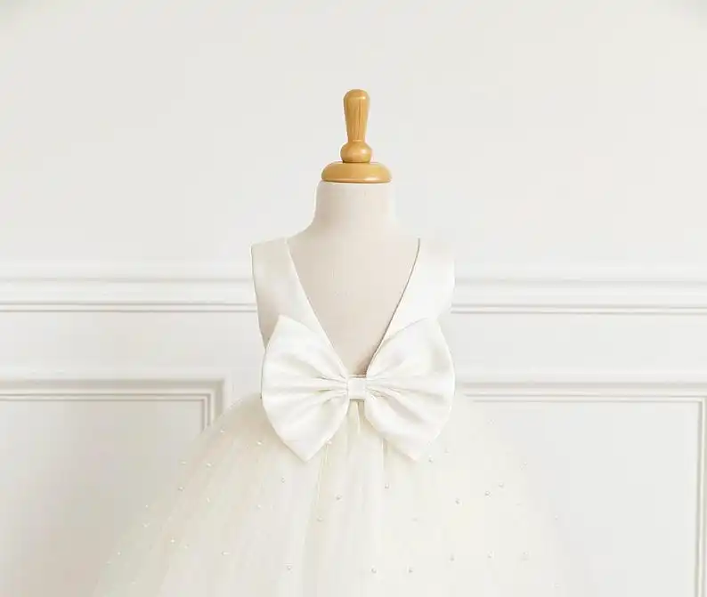 Vestido de tul con perlas y espalda en V hasta el tobillo para boda, niña de las flores, desfile de verano a la moda, sesión de fotos de princesa para niños pequeños, vestido de invierno para niña - imagen 3