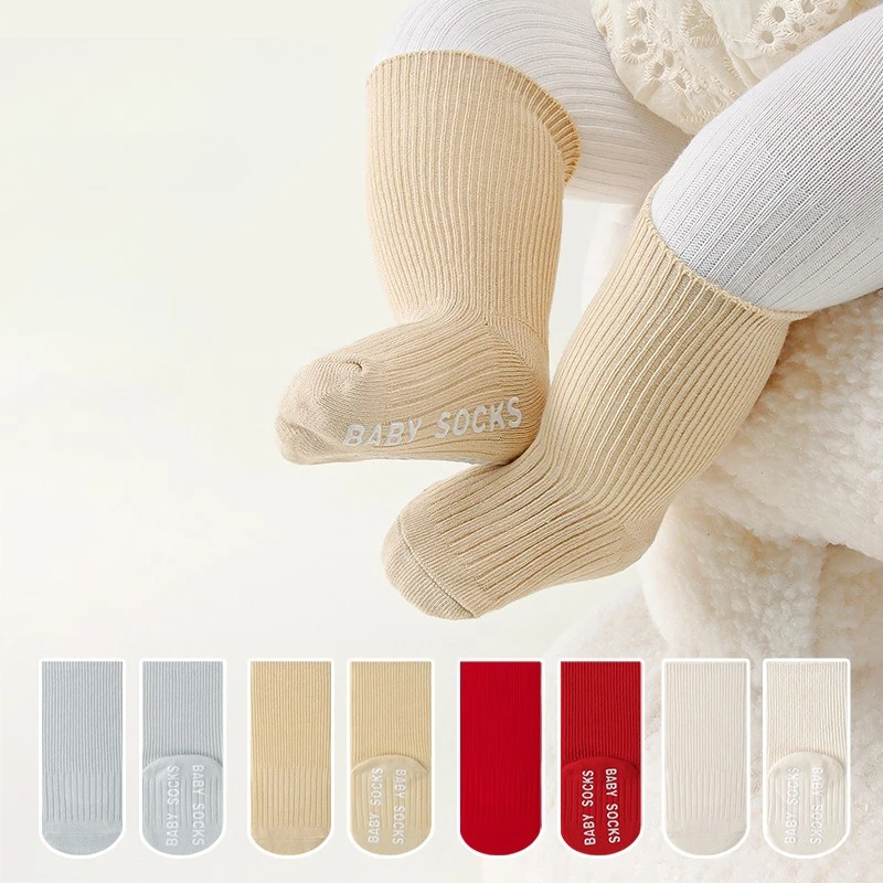 Calcetines a rayas para bebé, calcetines informales de algodón de Color sólido a media pantorrilla de estilo coreano, calcetines antideslizantes con puntos, calcetines suaves transpirables para otoño