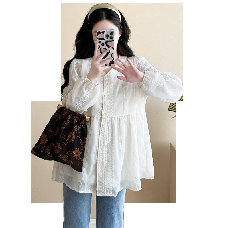 7155 #   2023 otoño moda coreana blusa de maternidad dulce linda camisa estampada con flora túnica ropa para mujeres embarazadas Tops de embarazo - imagen 5