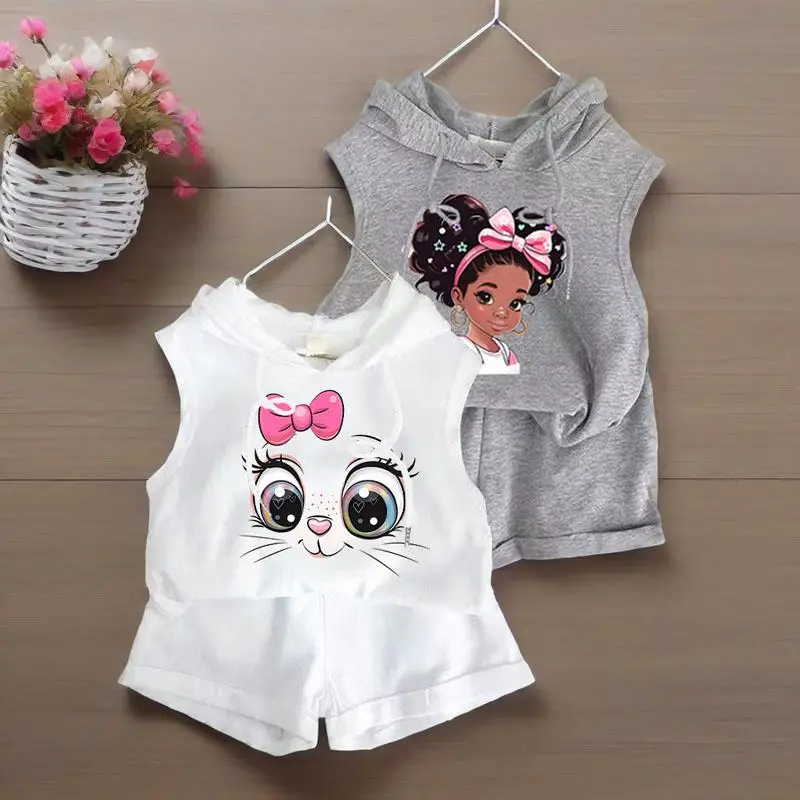 Camiseta de verano para niños, chaleco + Pantalones cortos, conjuntos de 2 uds., Top sin mangas con capucha, traje informal para niñas, ropa deportiva para exteriores para niños - imagen 2