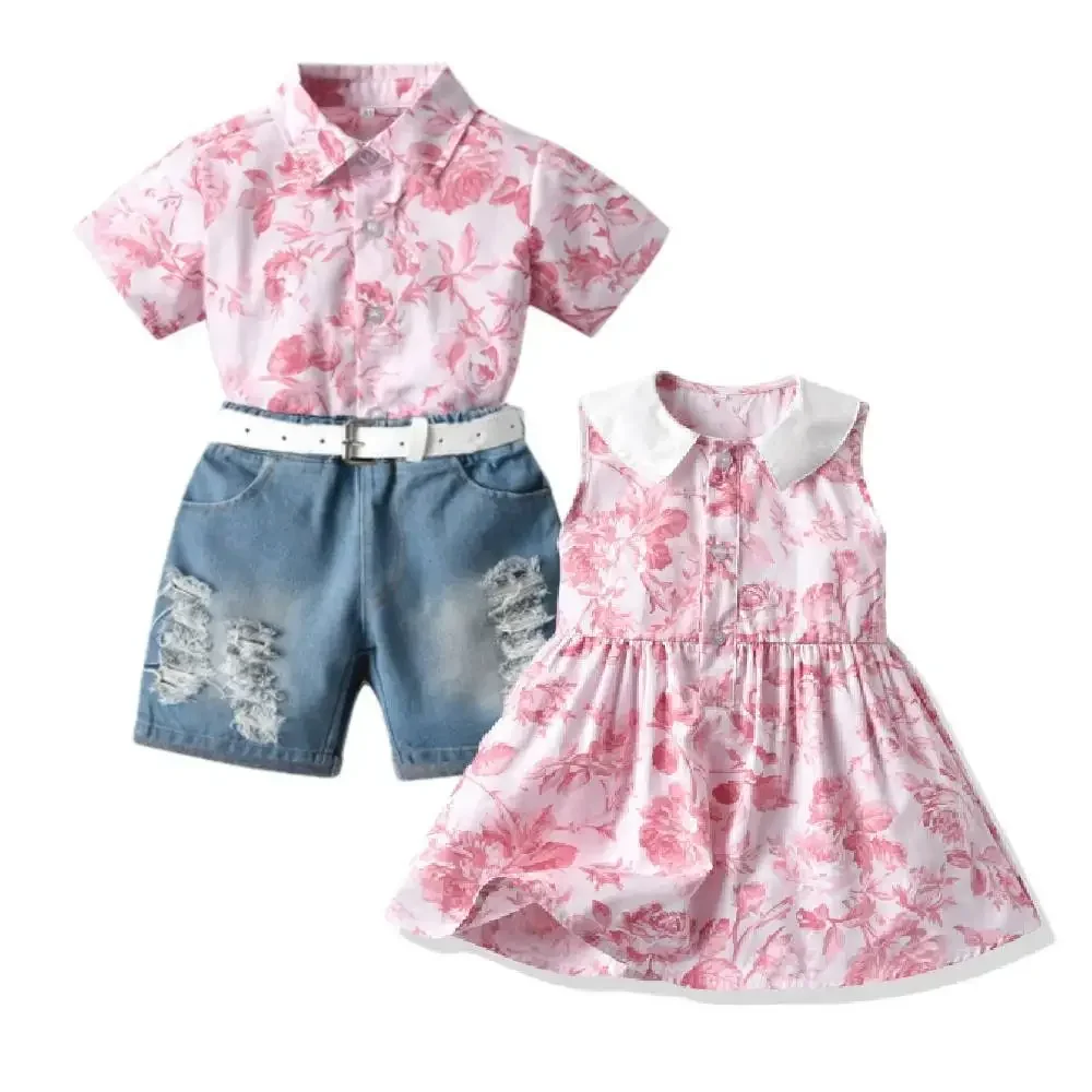 Ropa para niños, conjunto de camisa de manga corta estampada para niños y vestido para niñas, vacaciones en la playa, ropa para padres e hijos para hermanas y hermanas