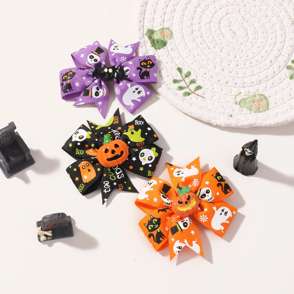 6 unids/set de pinzas para el cabello con estampado de calabaza de Halloween hechas a mano para niñas y niños, horquillas con lazo, accesorios exclusivos para el cabello de fiesta para mujeres - imagen 5