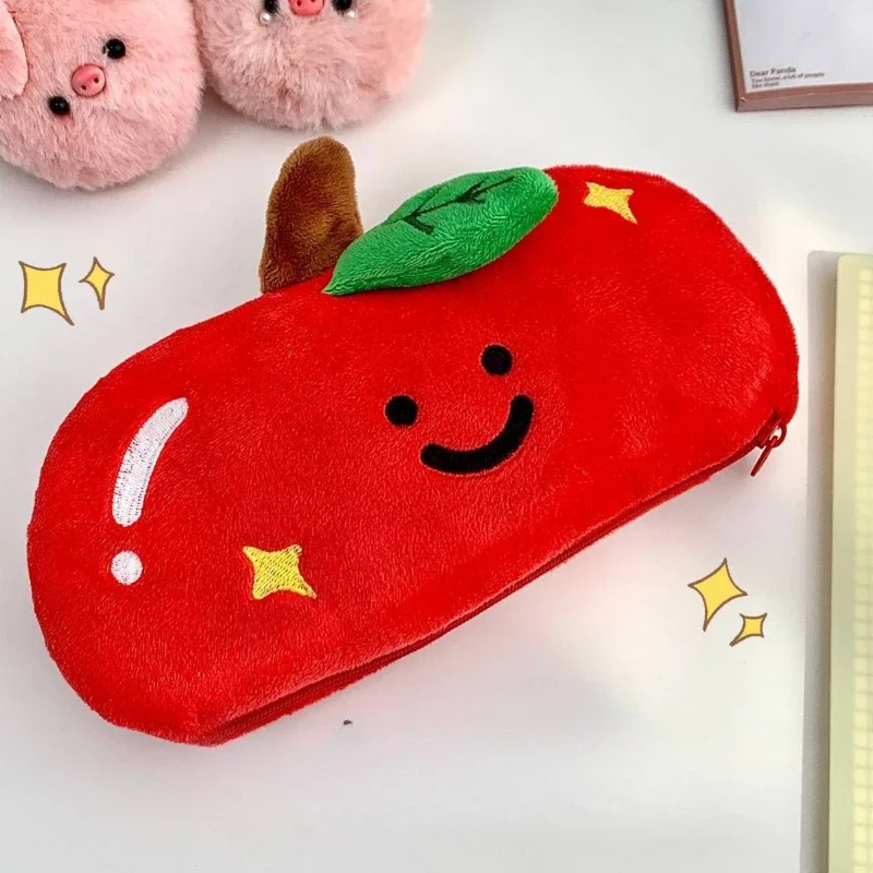 Bolsa para bolígrafos bordada de doble cara con dibujos animados, estuche para lápices de felpa de manzana, organizador de papelería, bolsa de cosméticos, regalo para niños, 1 ud. - imagen 3