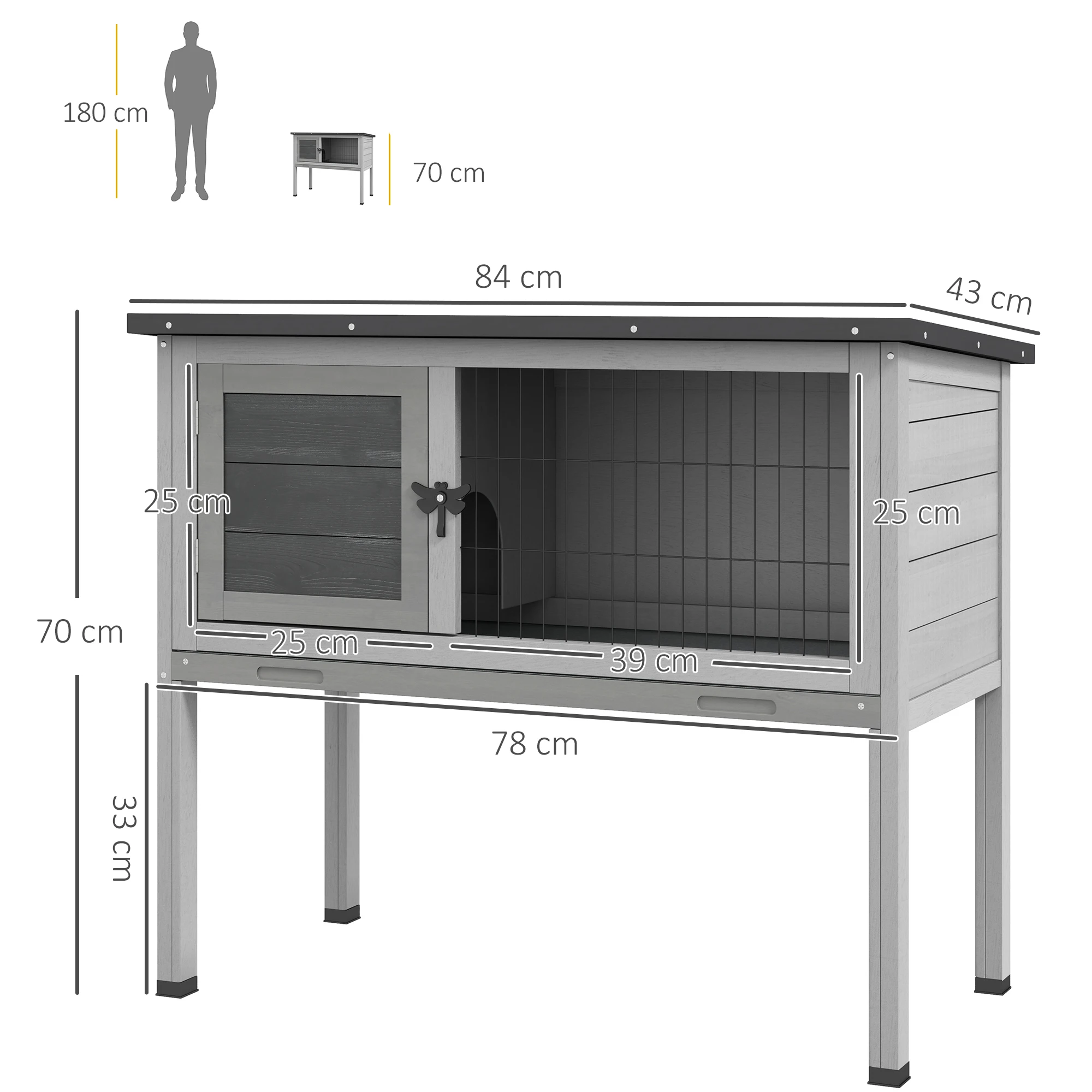 PawHut Conejera de Madera Caseta Exterior Refugio para Mascotas Pequeñas Conejos Cobayas con Bandeja Extraíble y Techo Asfáltico 84x43x70 cm Gris y Negro - imagen 3