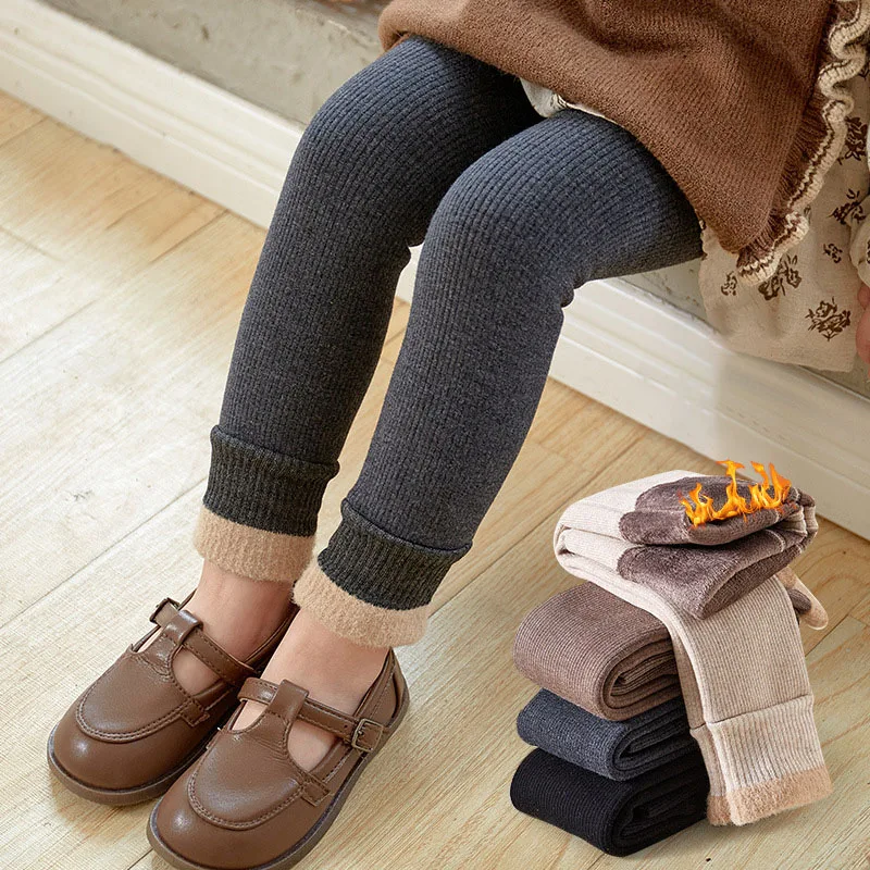 Leggings de otoño para niños, pantalones cálidos acolchados de lana para niños pequeños de Color sólido - imagen 3