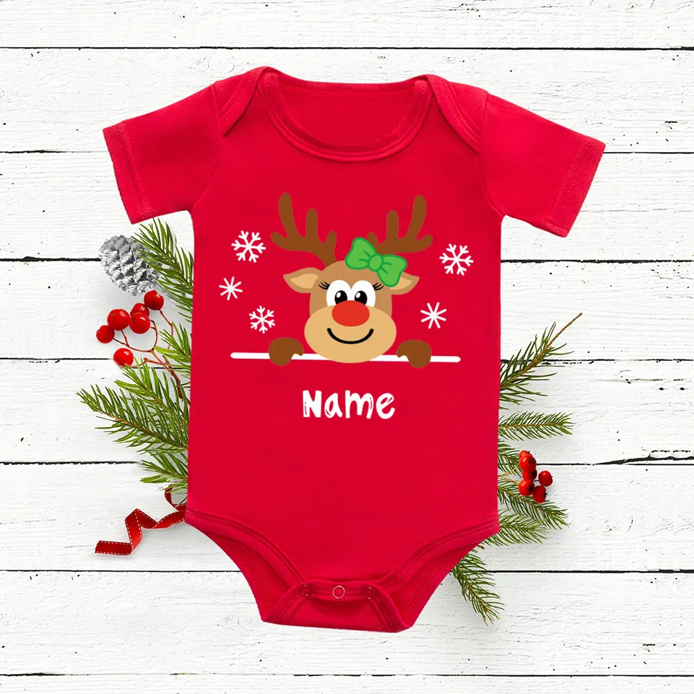 Pelele de Navidad personalizado para bebé, mono de ciervo con nombre para recién nacido, mono de algodón rojo para niño pequeño, ropa de Navidad