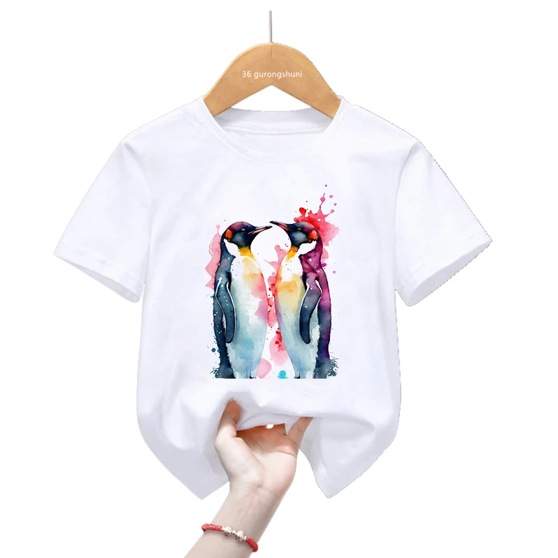 Camiseta con estampado de globos de amor de pingüinos Kawaii para niños y niñas, ropa divertida para niños, camiseta Harajuku, camiseta de moda de verano - imagen 4