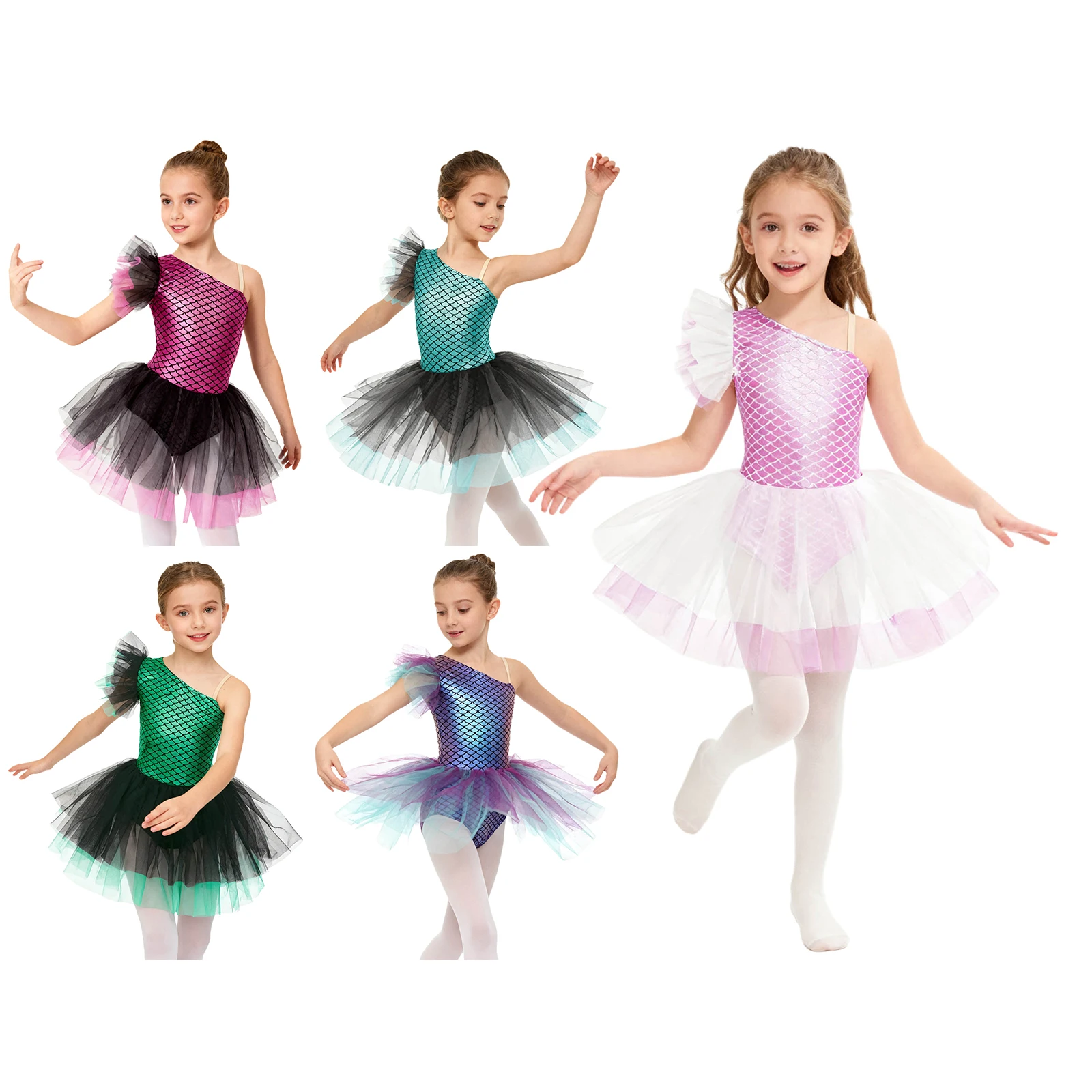 Vestido tutú de ballet para niñas un hombro escamas pescado sirena - imagen 5