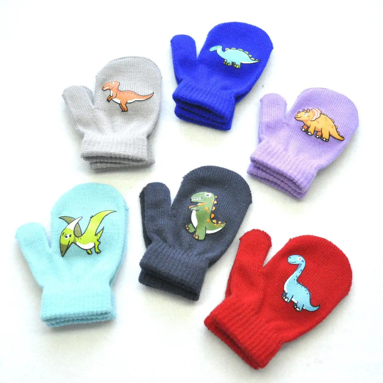 New 1-3Y Winter Knitted Baby Gloves For Children Pupil Student Outdoor Solid Dinosaur Full Finger Mittens Autumn Warmer Hand