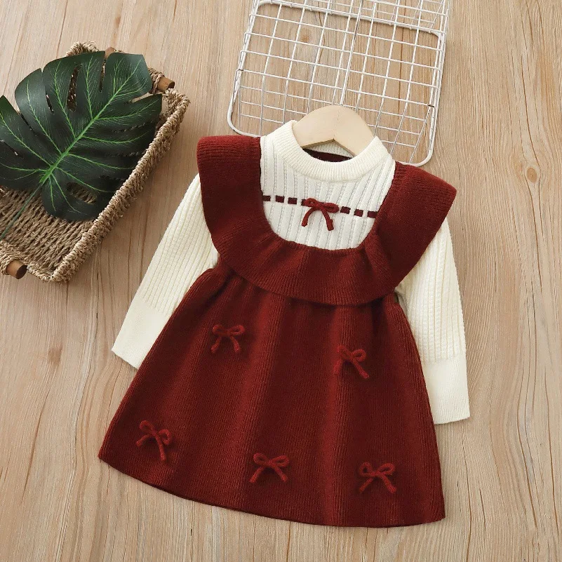 Vestidos para niños de 2 a 7 años, decoración con lazo, vestidos de punto para niñas, vestidos de suéter de línea A, suéter con cuello redondo para niños - imagen 2